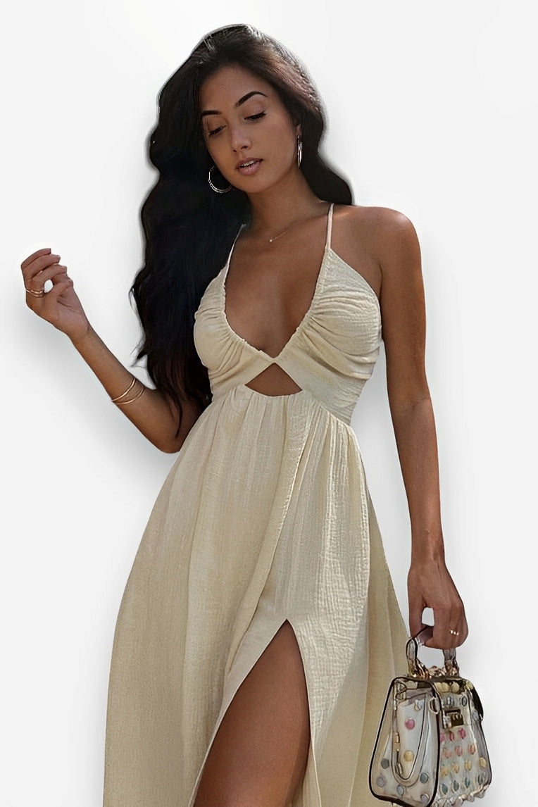 Wrap-Style Polyester Midi Dress in Beige