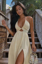 Wrap-Style Polyester Midi Dress in Beige