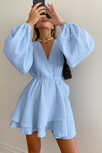 Cotton Slim-Fit Dress with Lantern Sleeves