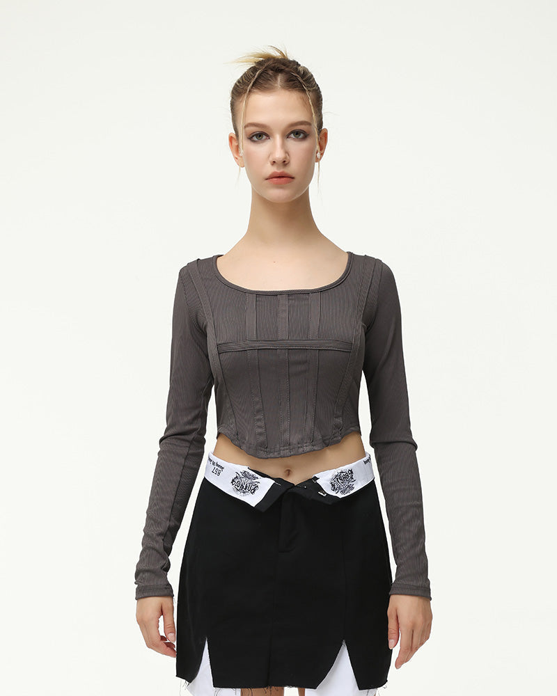 Corset-Style Polyester Top with Long Sleeves