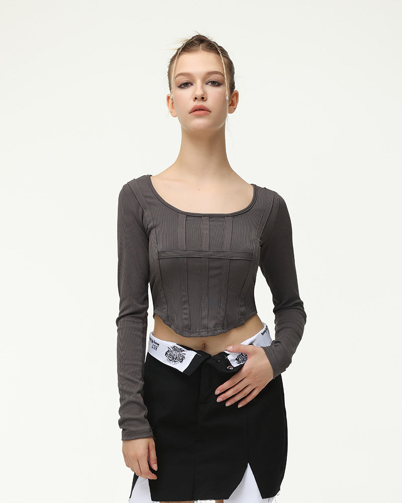 Corset-Style Polyester Top with Long Sleeves