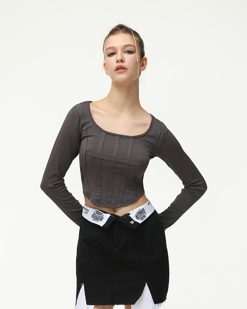 Corset-Style Polyester Top with Long Sleeves
