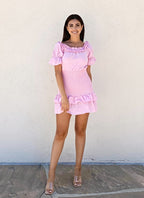 Smocked Daisy-Detail Dress with Off-Shoulder Neckline