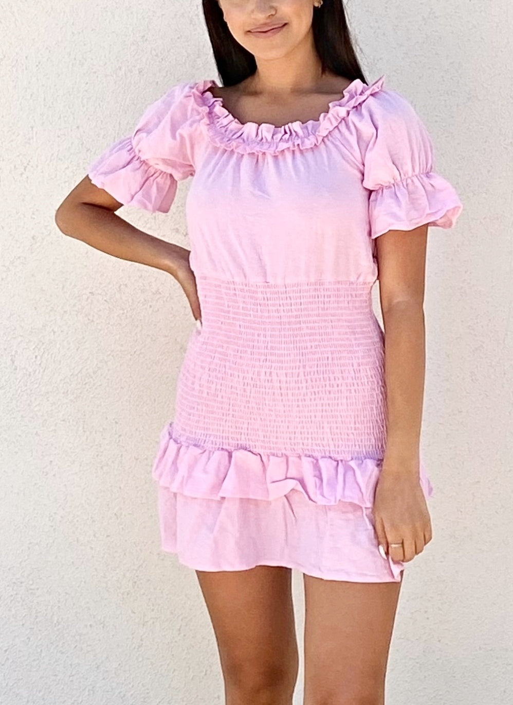 Smocked Daisy-Detail Dress with Off-Shoulder Neckline