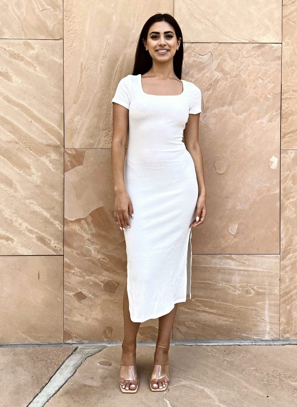 Side-Slit Stretch-Blend Dress with Square Neckline