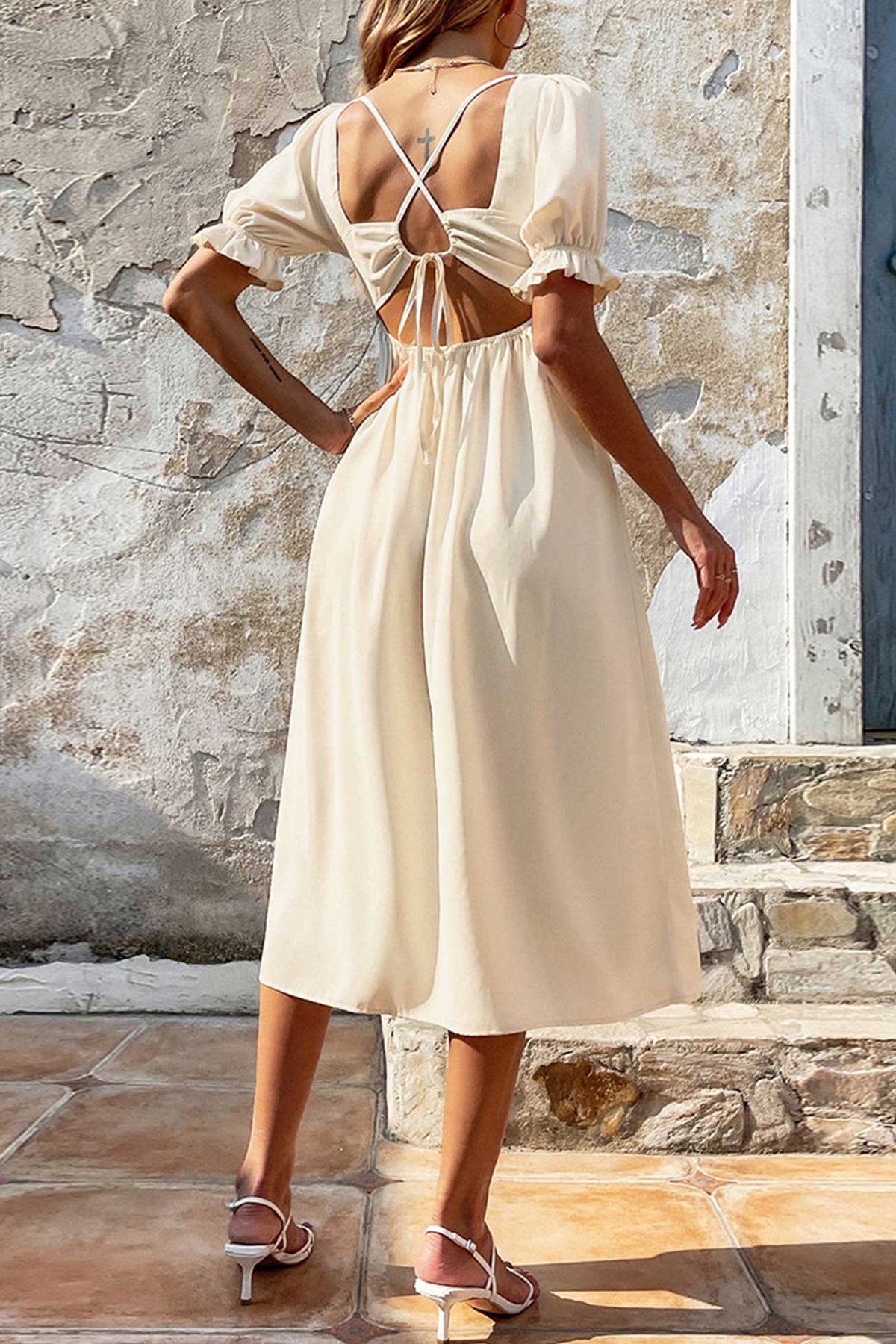 Slit-Detail Strappy Dress with Puff Sleeves
