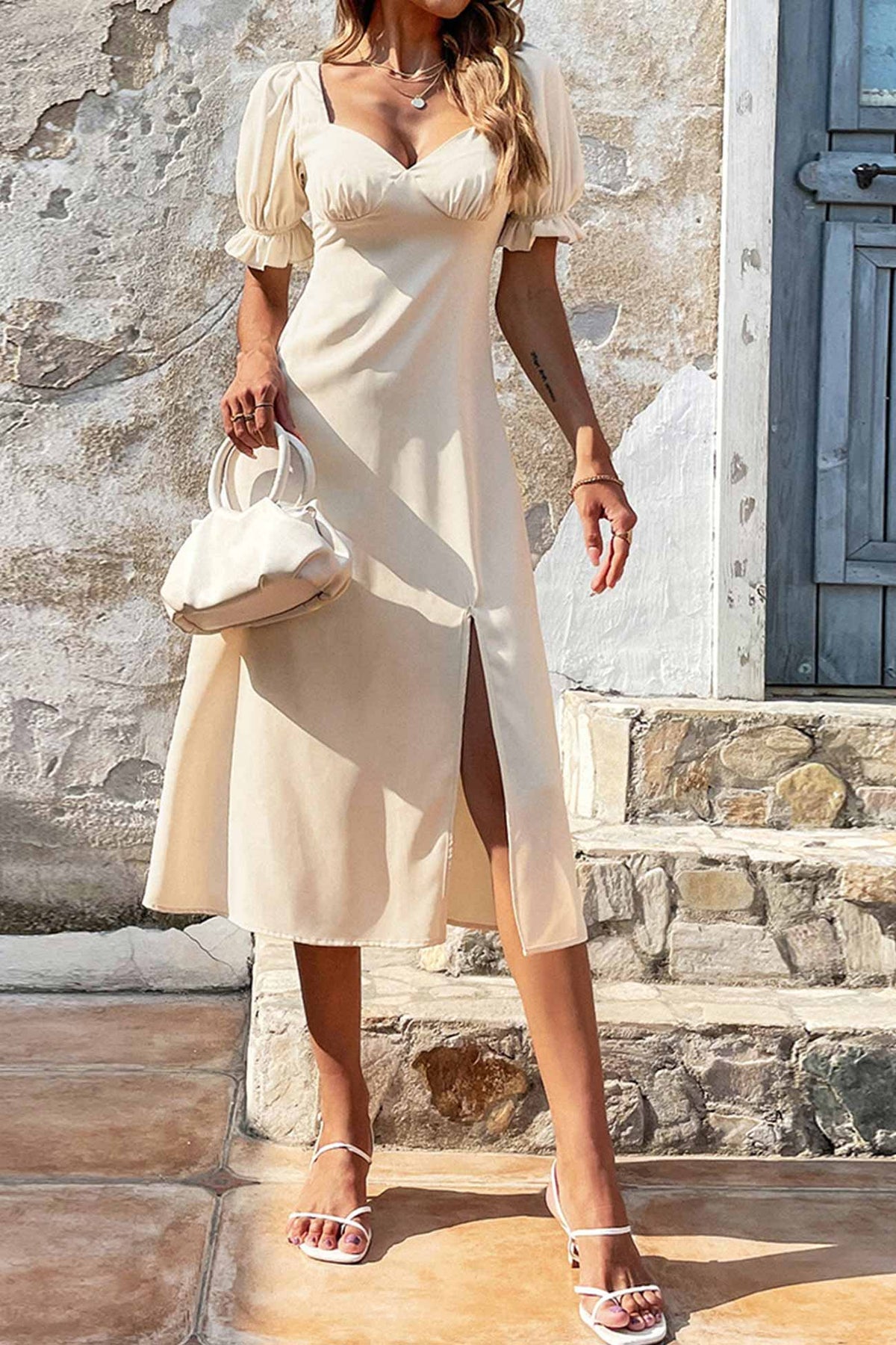 Slit-Detail Strappy Dress with Puff Sleeves