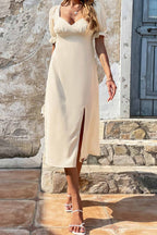 Slit-Detail Strappy Dress with Puff Sleeves