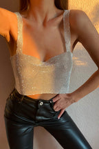 Rhinestone-Detail Cropped Tank Top with Square Neckline