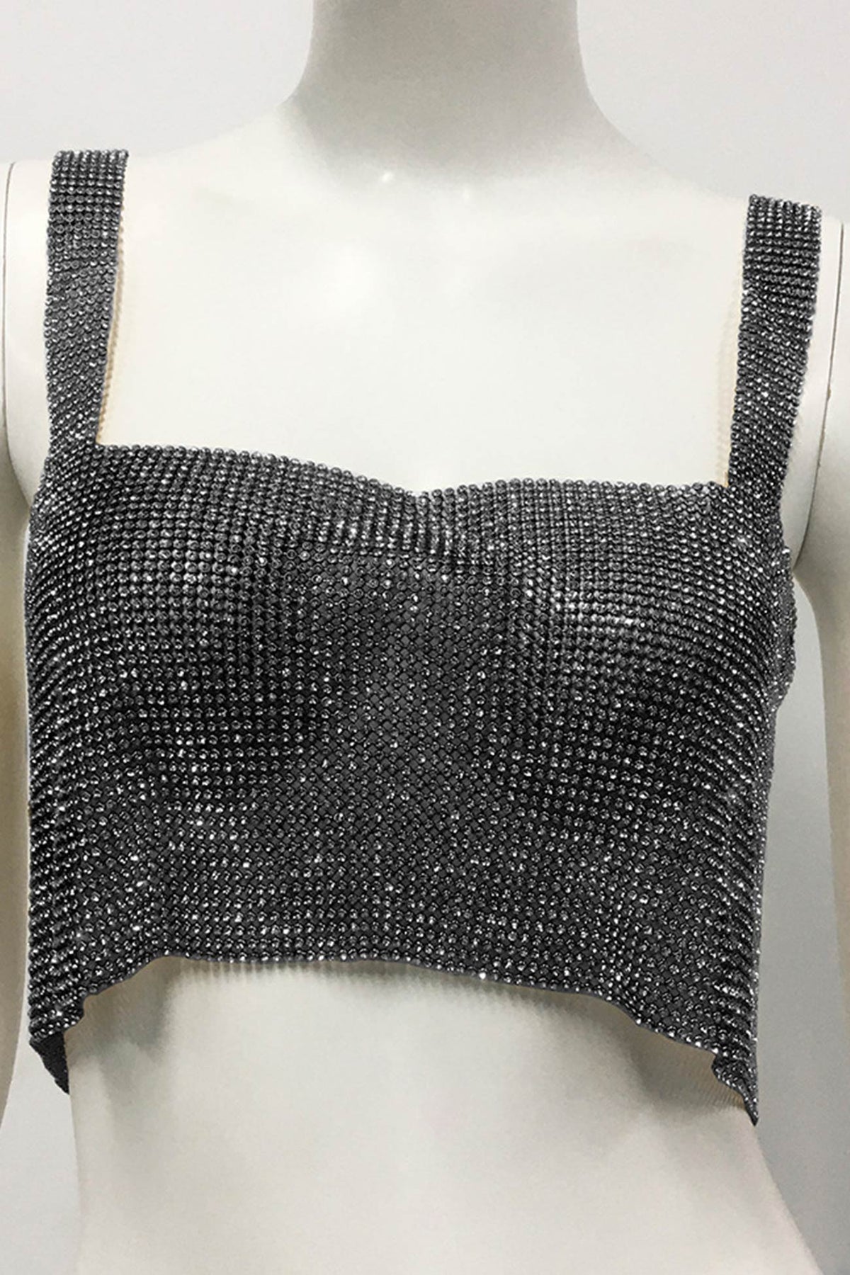 Rhinestone-Detail Cropped Tank Top with Square Neckline