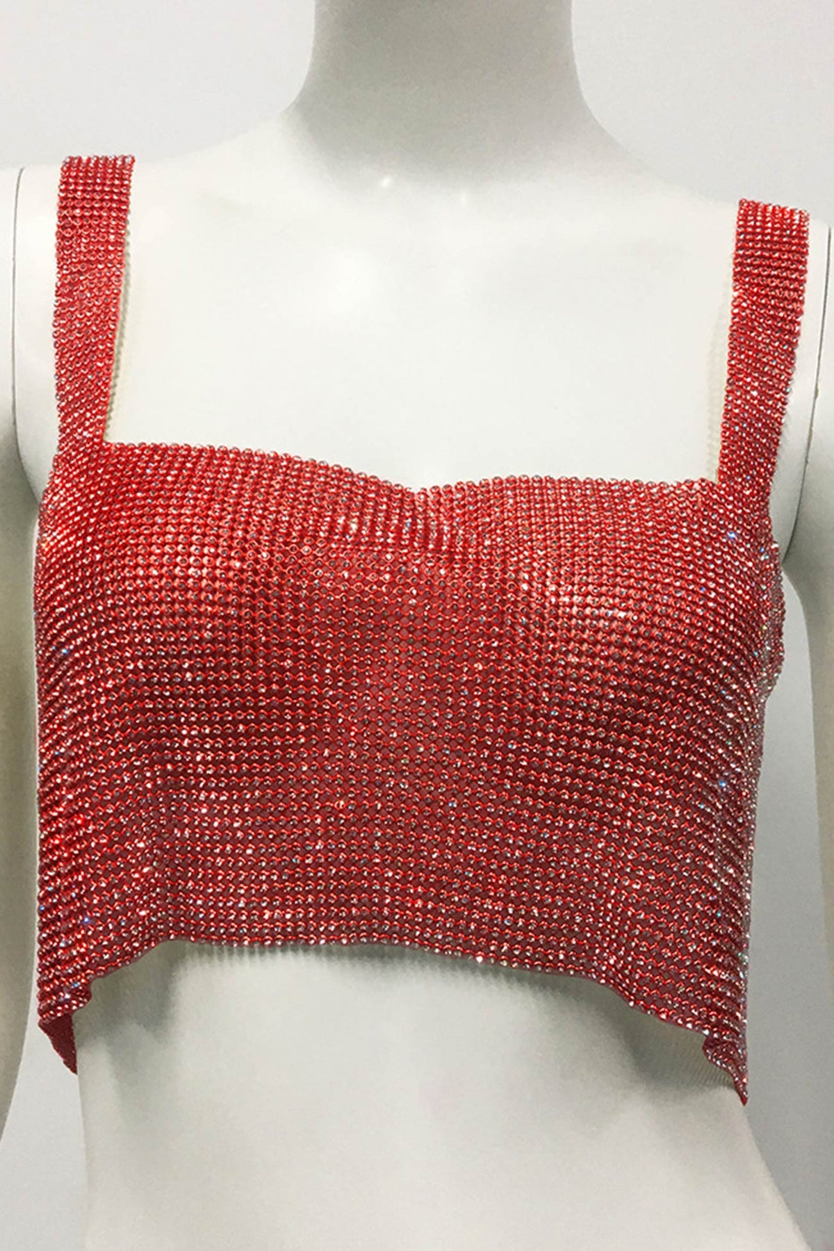 Rhinestone-Detail Cropped Tank Top with Square Neckline