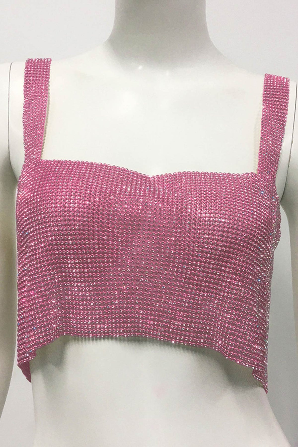 Rhinestone-Detail Cropped Tank Top with Square Neckline
