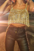 Rhinestone-Detail Cropped Tank Top with Square Neckline