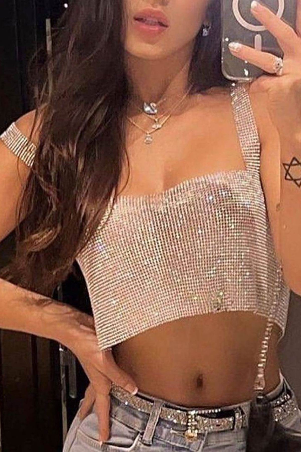 Rhinestone-Detail Cropped Tank Top with Square Neckline