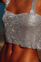 Rhinestone-Detail Cropped Tank Top with Square Neckline