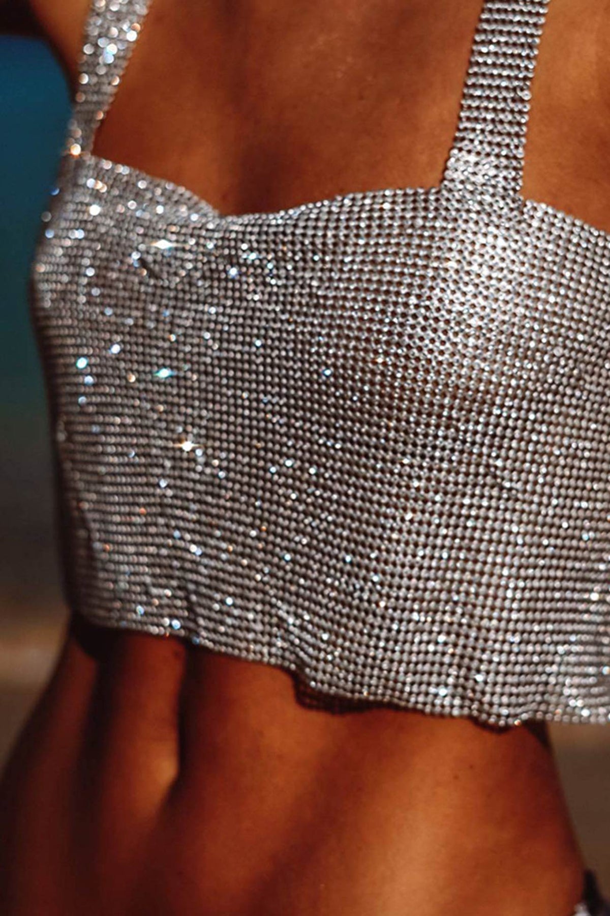 Rhinestone-Detail Cropped Tank Top with Square Neckline