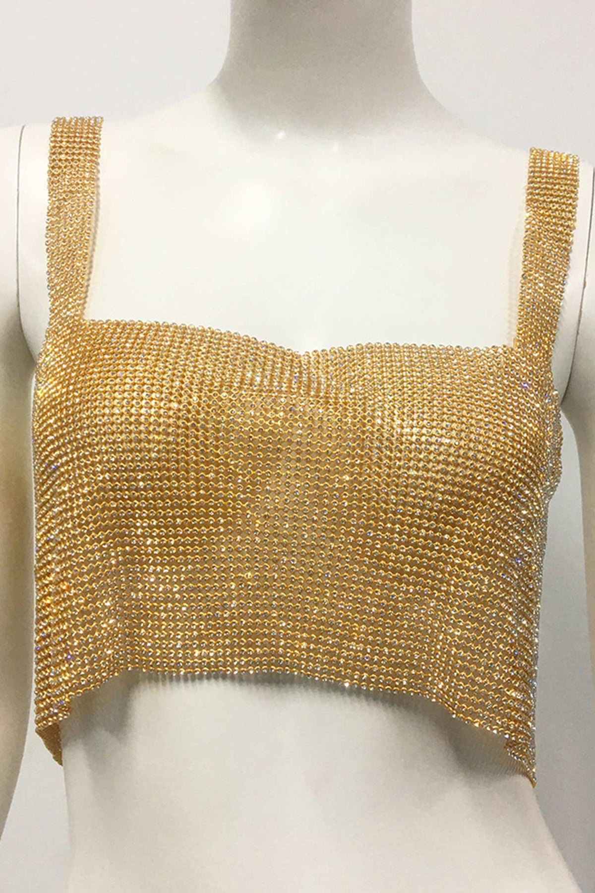 Rhinestone-Detail Cropped Tank Top with Square Neckline