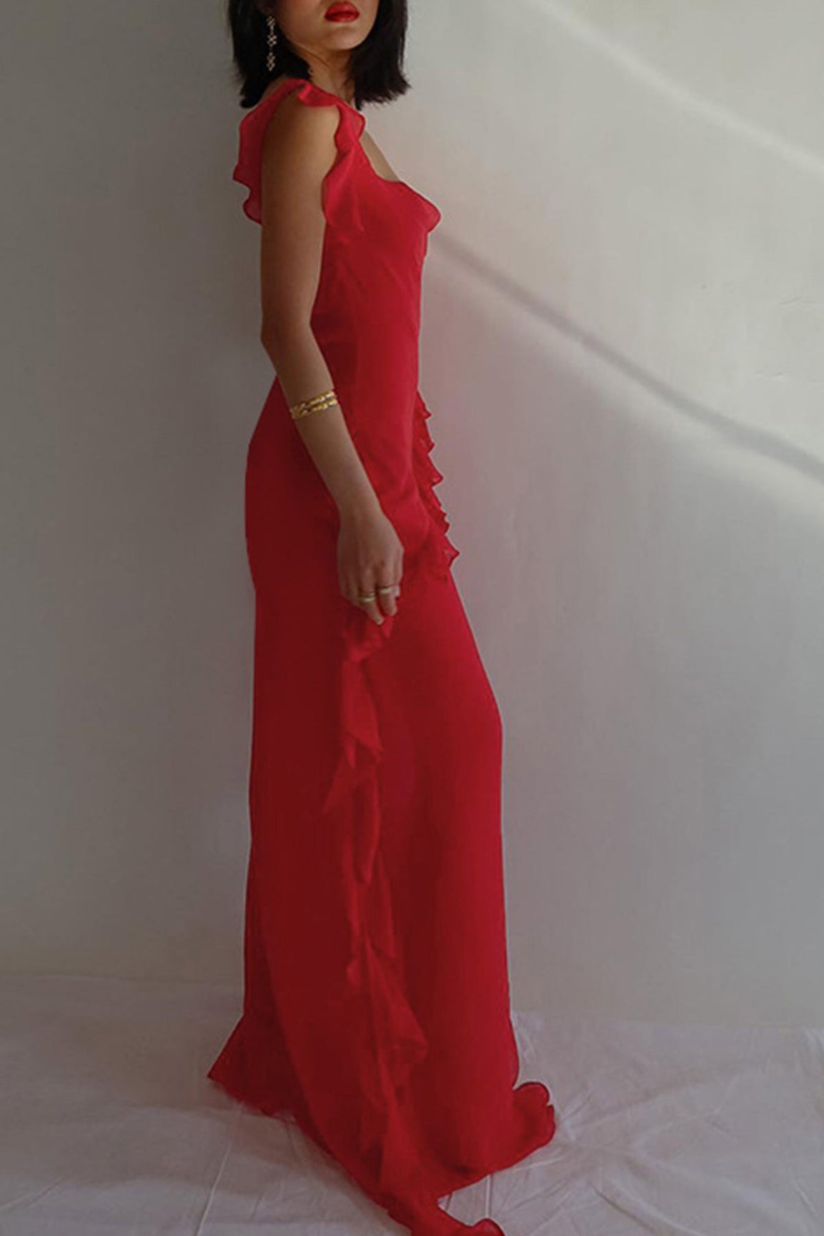 Ruffled Cami Dress with High Slit