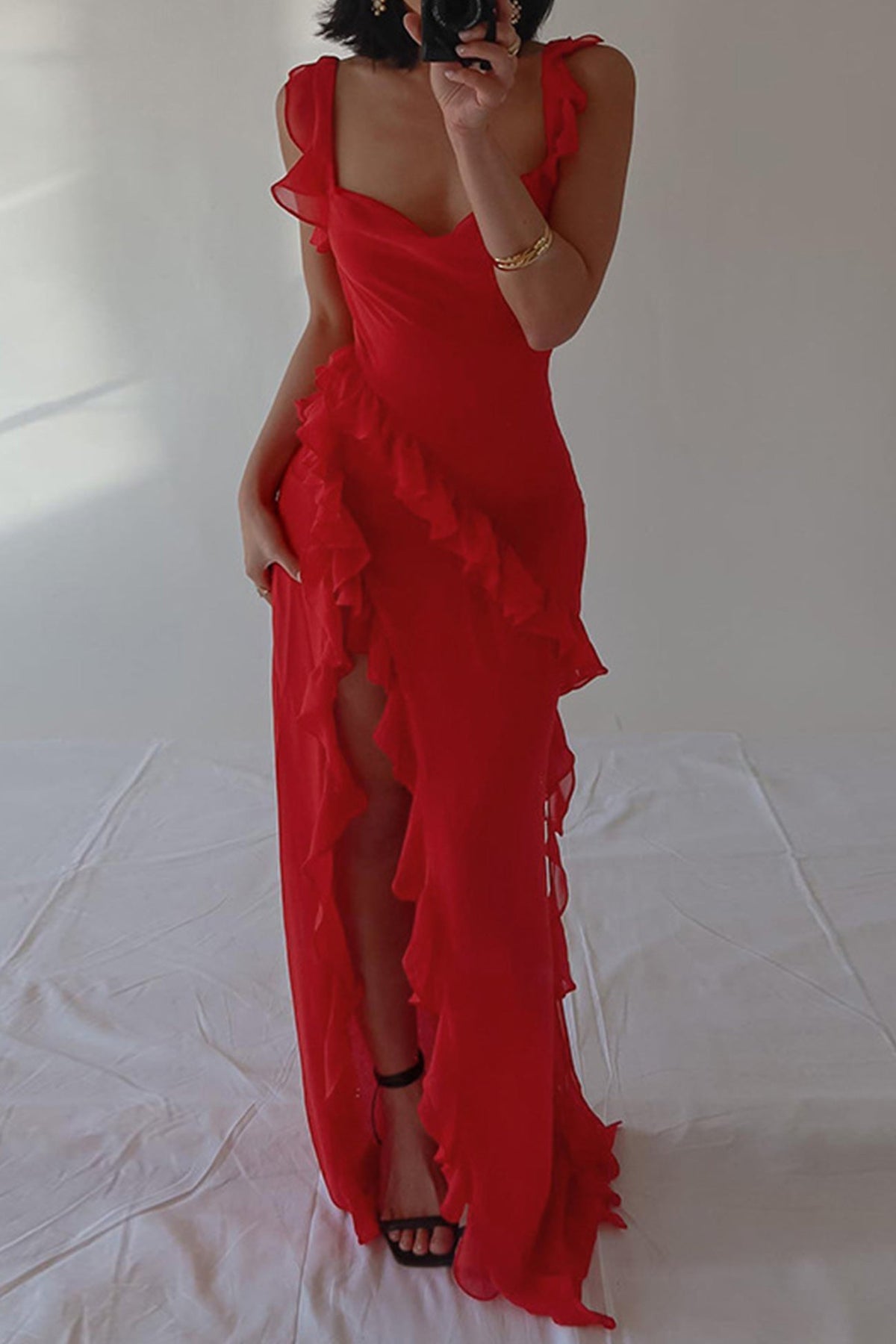 Ruffled Cami Dress with High Slit