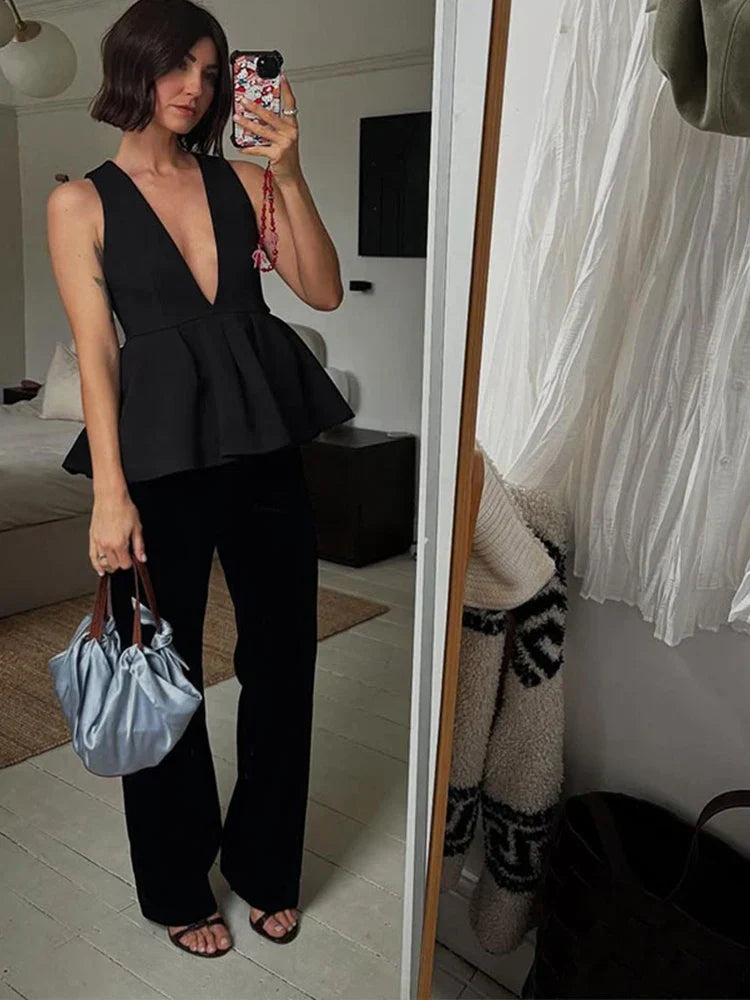 Ruffled Two-Piece Suit Set with Plunging Neckline