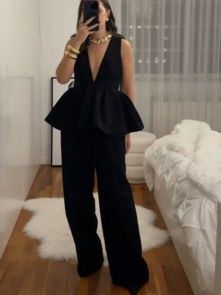 Ruffled Two-Piece Suit Set with Plunging Neckline