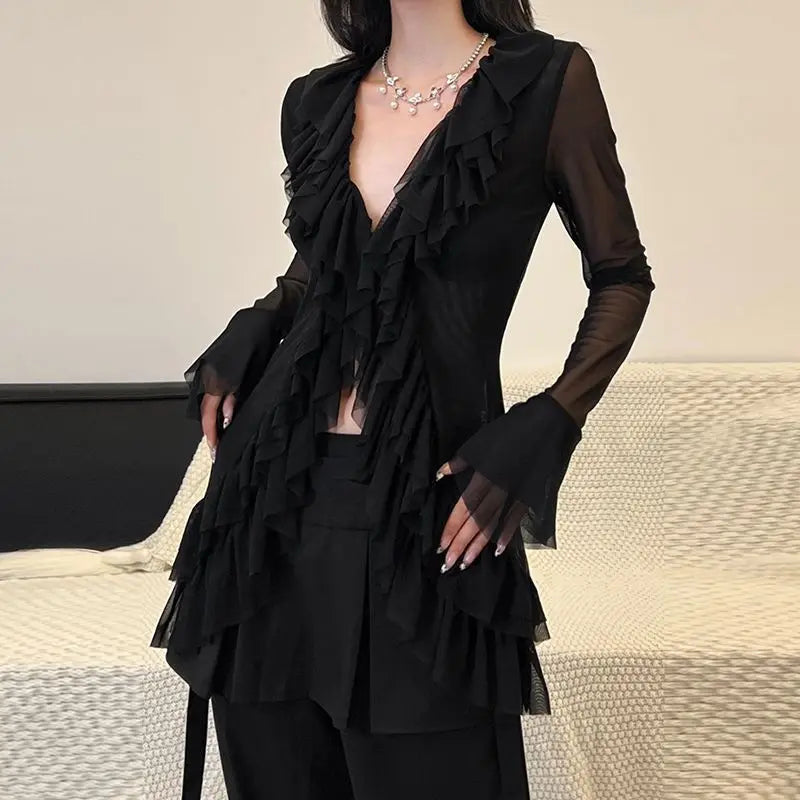 Deep-neck Long Sleeve Frill Blouse Black / S