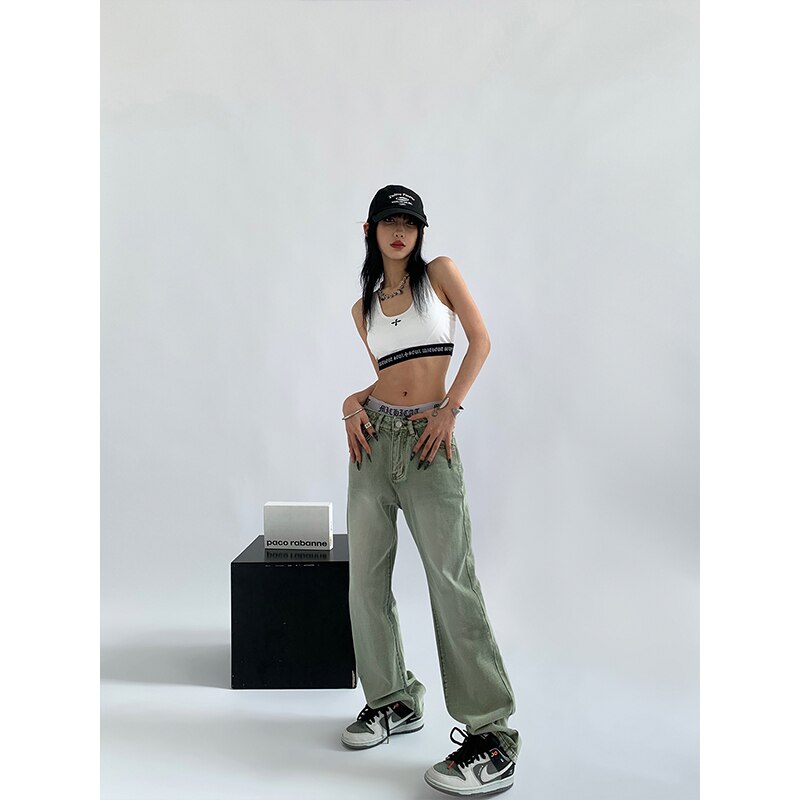 Pocket-Detail Washed Wide-Leg Jeans with High Waist