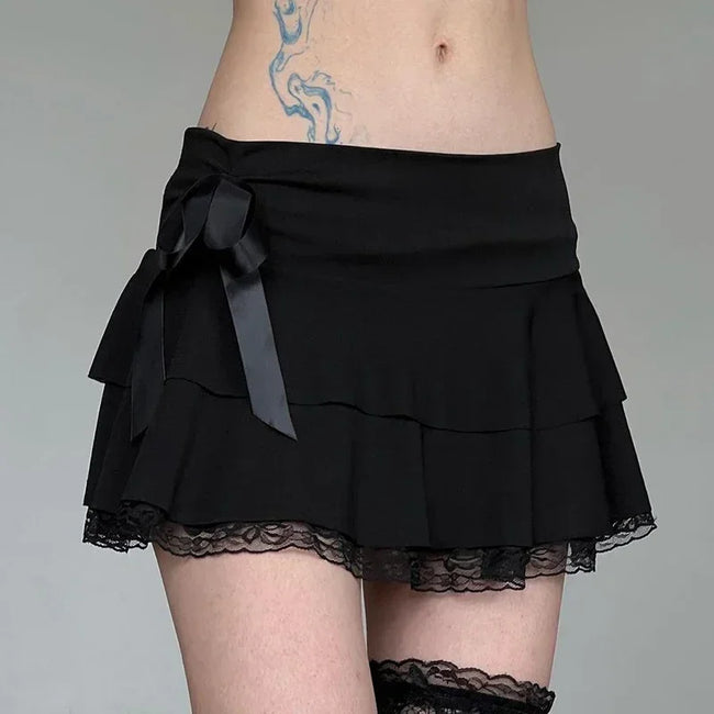 Low Waist Bow Stitching Mini Skirt Black / S Main image