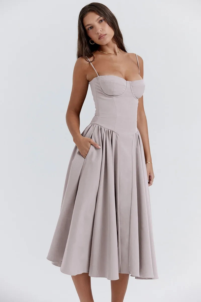 Corset-Style Midi Sundress with Sleeveless Cut