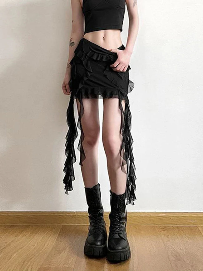 Mesh Patchwork Ruffled Mini Skirt Black / S Main image