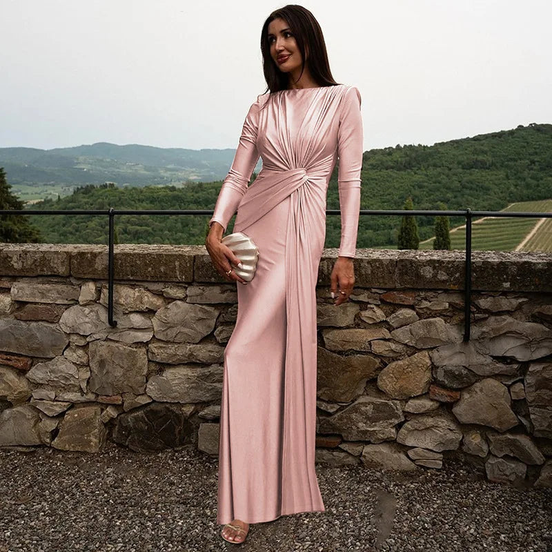Pleated High-Rise Maxi Dress with Round Neckline