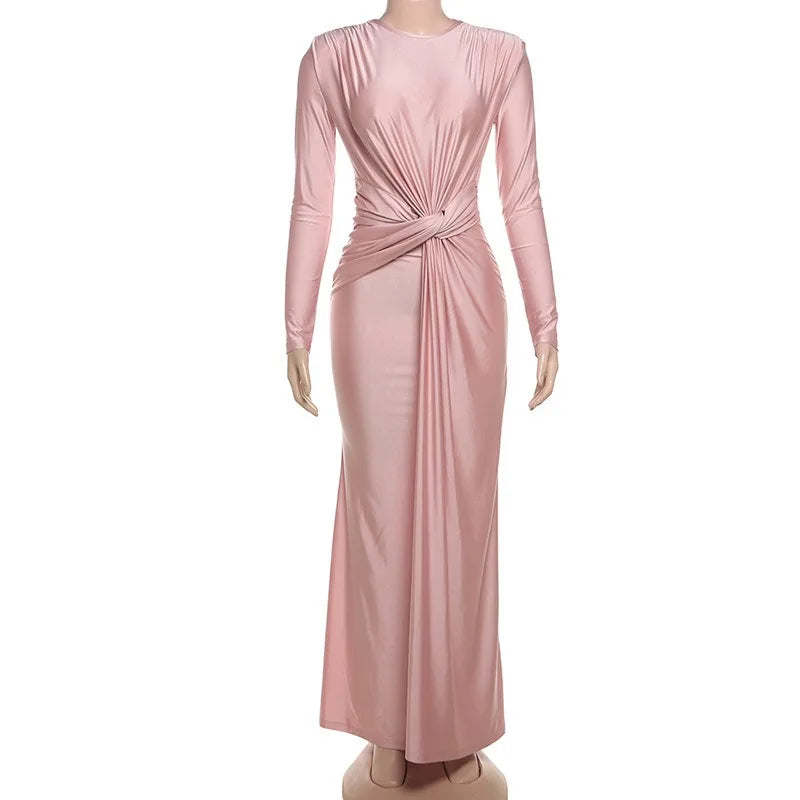 Pleated High-Rise Maxi Dress with Round Neckline