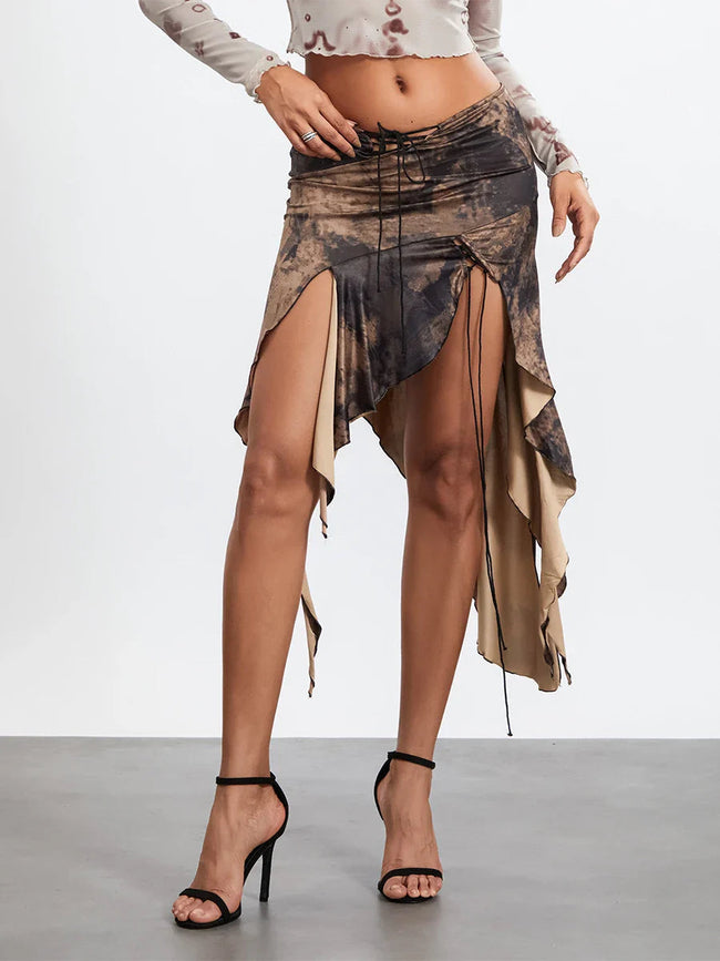 Flexible Waist Draped Frill Skirt Dark Brown / S Main image