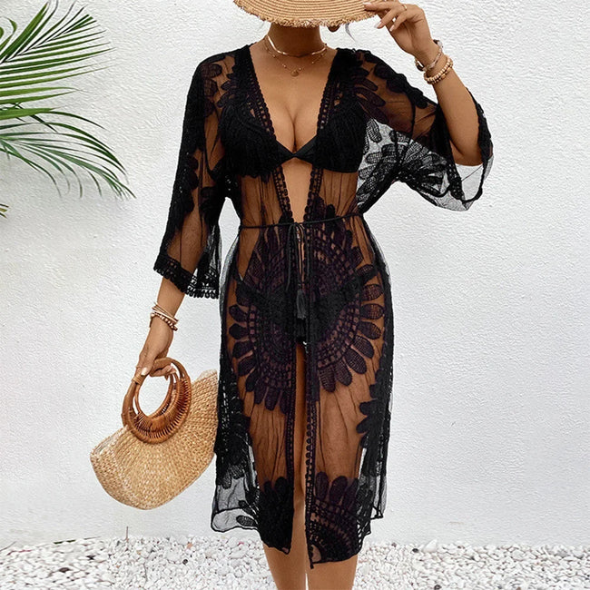 Elegant Lace-Up Beach Smock Cover Up Black / One Size Main image