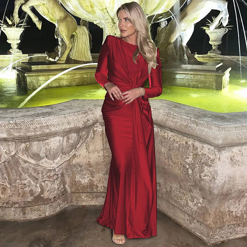 Pleated High-Rise Maxi Dress with Round Neckline
