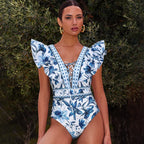 Lace up V Neck Ruffle Two Piece Set blue1 / S