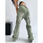 Pocket-Detail Washed Wide-Leg Jeans with High Waist