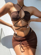 Mesh Sarong Skirt Bikini Three Piece Swimsuit Brown / S