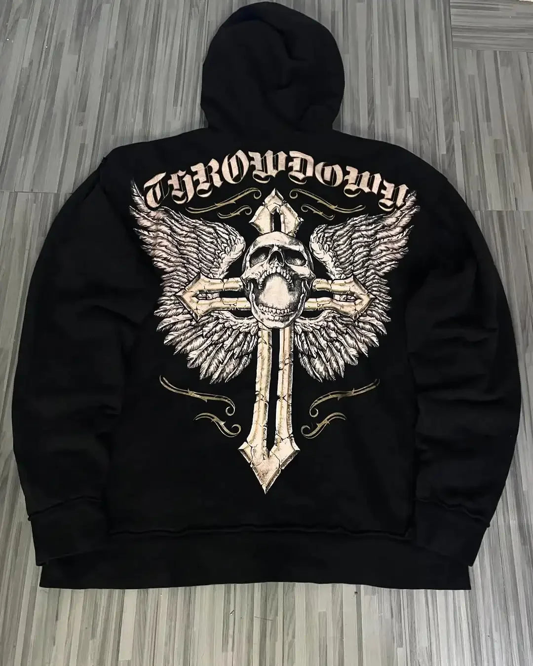 Distress Vintage Gothic Skull Hoodie black7 / S
