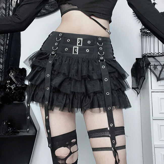 Ruffles Mesh Splice A-line Skirt Black / S Main image