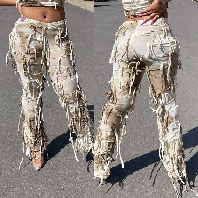 Tie-Dye Y2K Pencil-Cut Pants with Fringe Details Main image
