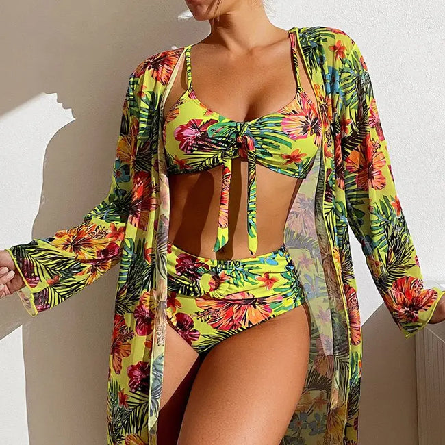 Floral Mesh Blouse Bra Two Piece Set Yellow / S Main image