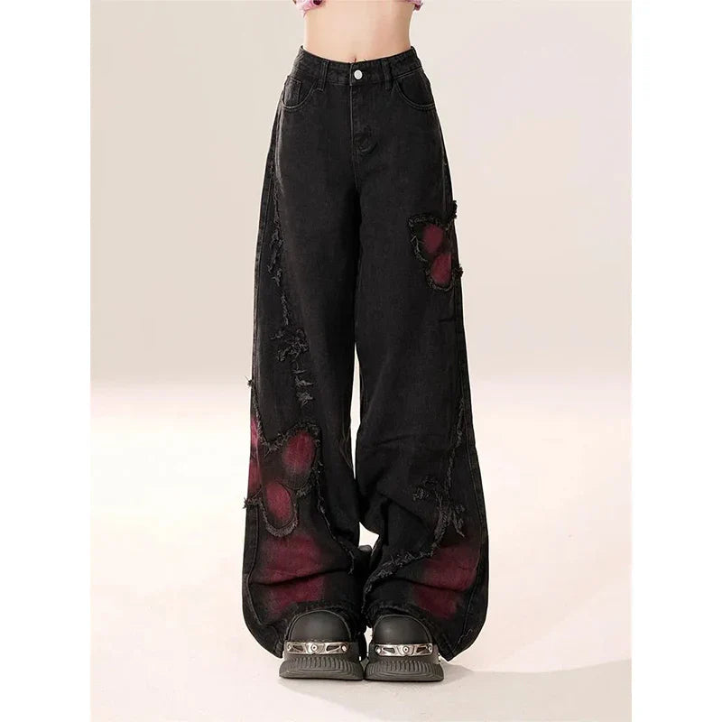 Dark Loose Butterfly Denim Pant Black / S