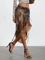 Flexible Waist Draped Frill Skirt Dark Brown / S