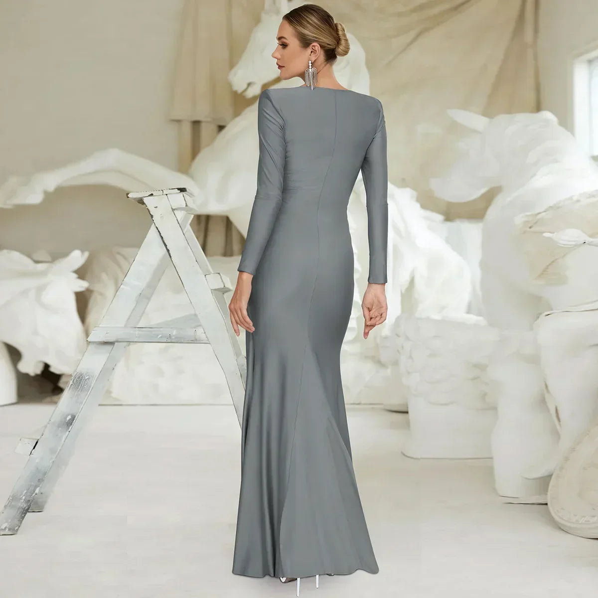 Pleated High-Rise Maxi Dress with Round Neckline