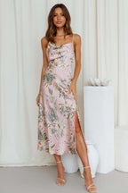 Floral Satin Dress with Draped Neckline