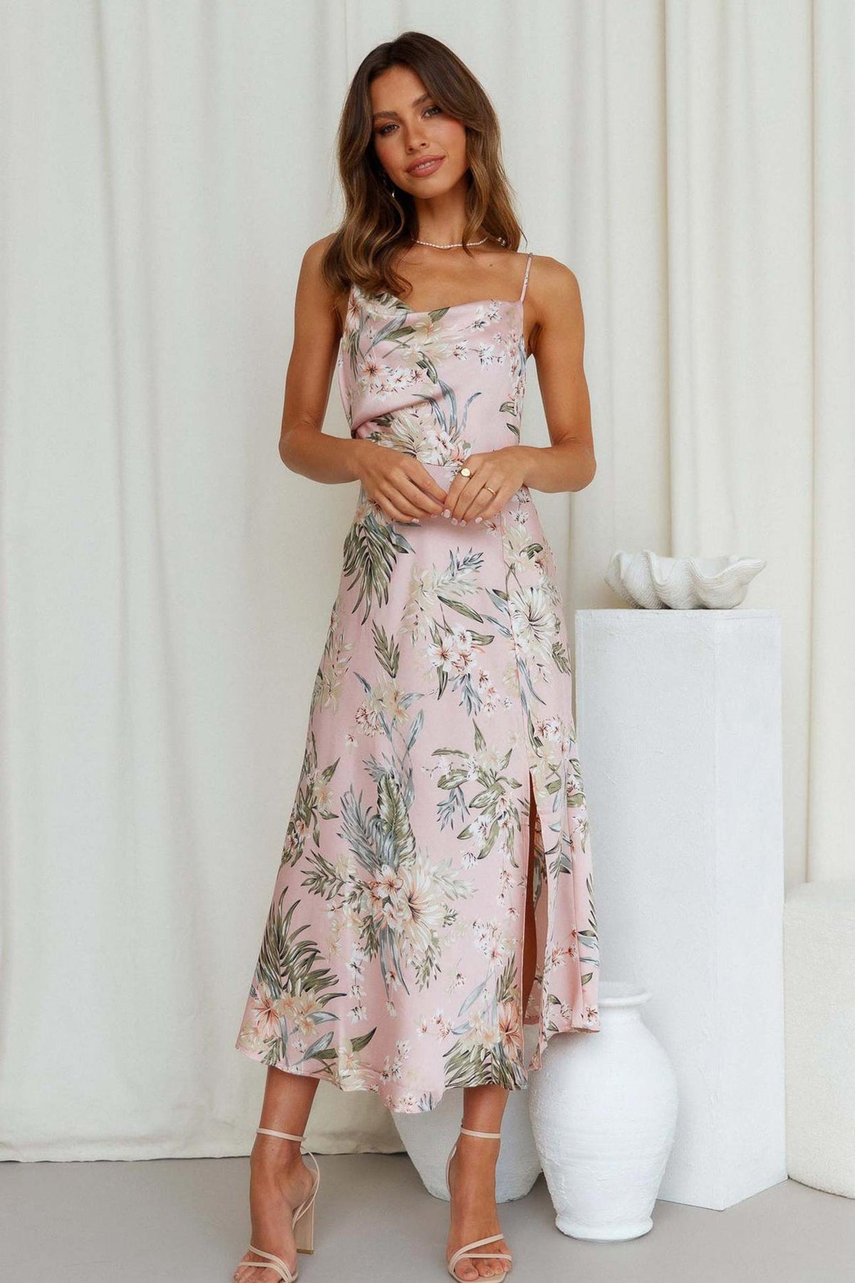 Floral Satin Dress with Draped Neckline
