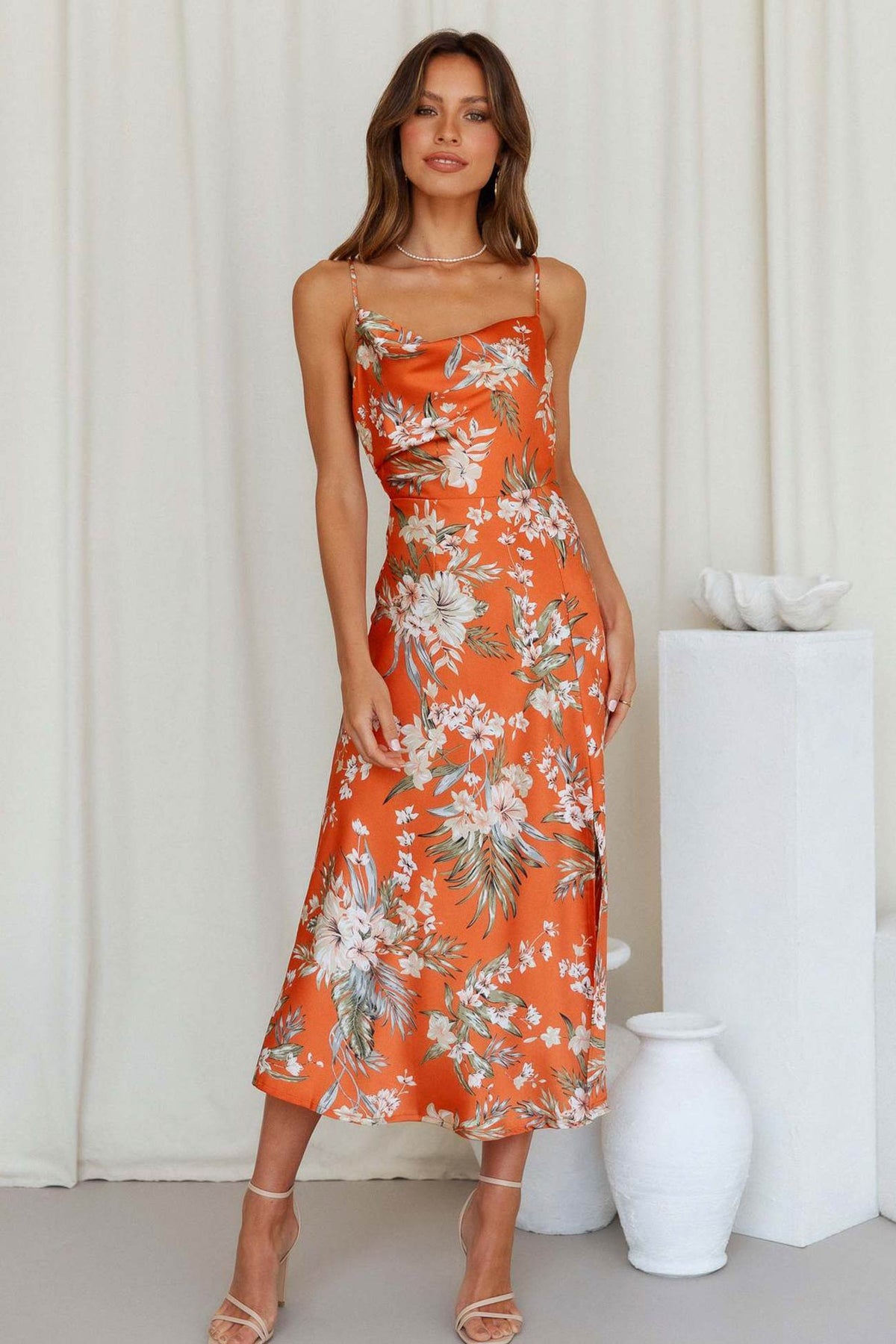 Floral Satin Dress with Draped Neckline