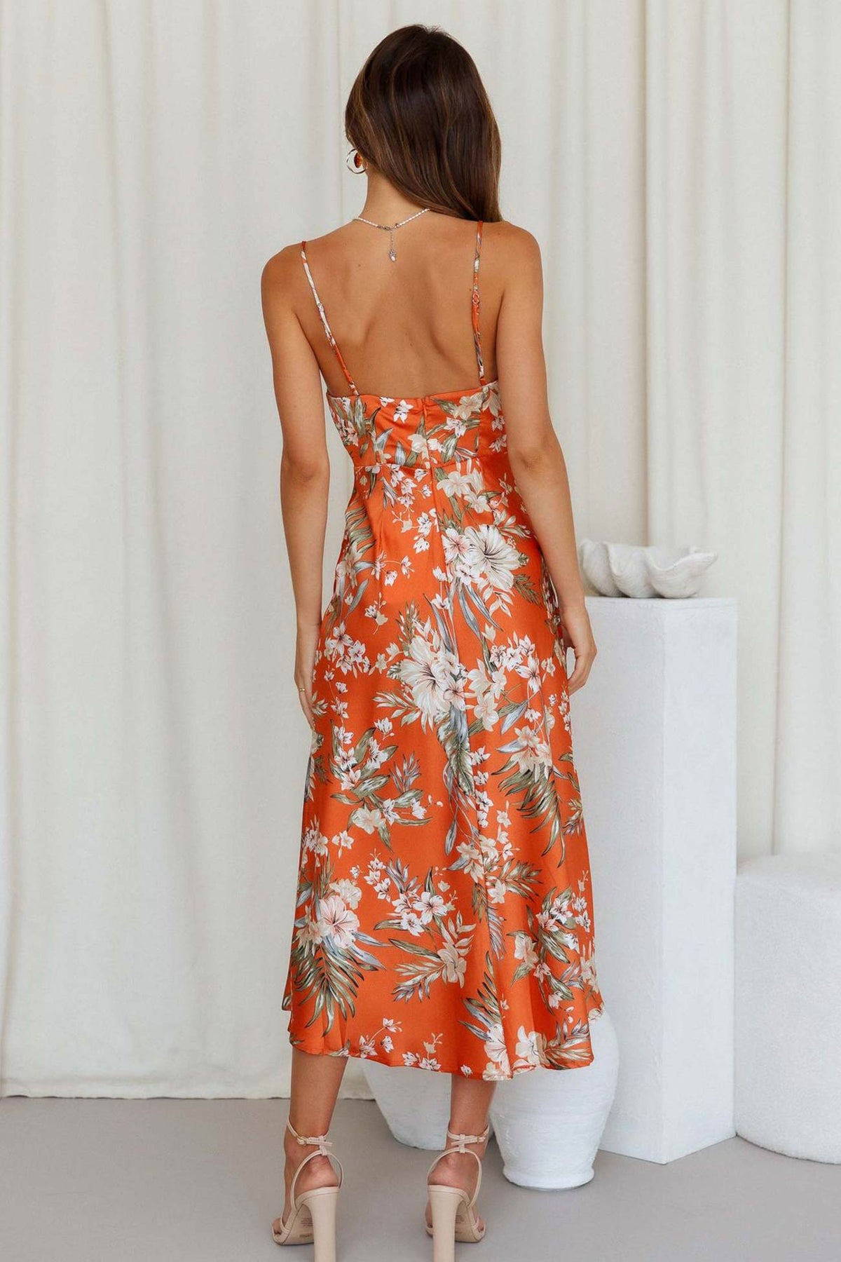 Floral Satin Dress with Draped Neckline