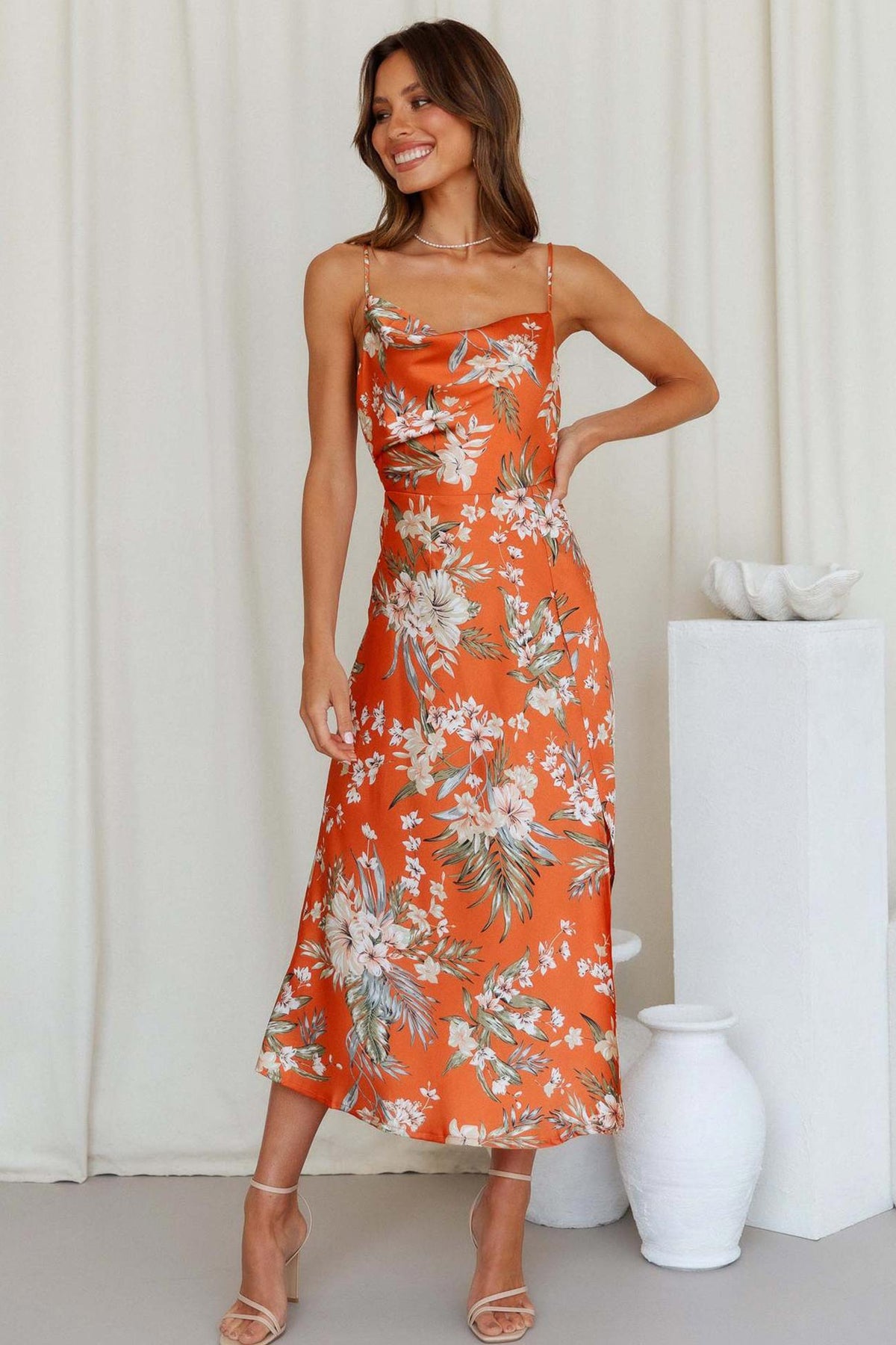 Floral Satin Dress with Draped Neckline